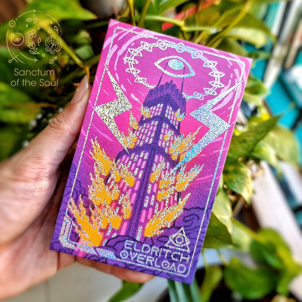 Photo of kickstarter tarot deck, the eldritch overload tarot, featuring cyberpunk images